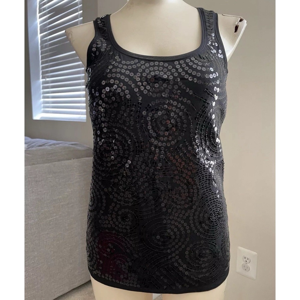 WHBM White House Black Market Women's M/Medium Sequin Tank Top Feather Edged EUC